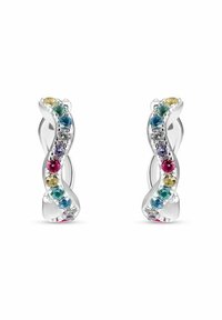 Silverfärgade hoops med en snurrad design dekorerad med flerfärgade ädelstenar, inklusive rosa, blå, grön, gul och lila detaljer.