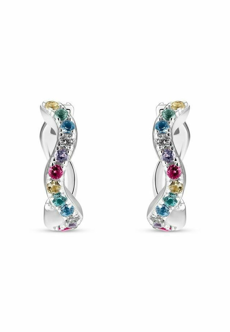 Silverfärgade hoops med en snurrad design dekorerad med flerfärgade ädelstenar, inklusive rosa, blå, grön, gul och lila detaljer.