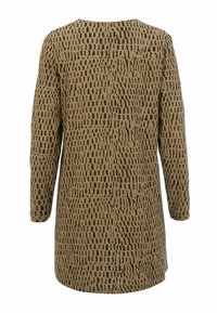 Braunes langärmliges Kleid mit unregelmäßigem schwarzen rechteckigen Punktenmuster, von hinten gezeigt.