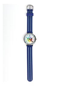 Montre avec un bracelet en silicone bleu et des éléments en métal argenté. Le cadran rond présente un fond coloré avec des chiffres, des repères et une aiguille des heures contrastante.