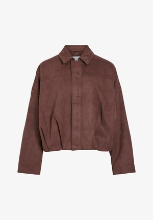 Kastanis sagriezts mākslīgā zamšādas apakšsvārks ar apkakles uzvalku, priekšējām šuvēm un plašām piedurknēm. Gluda tekstūra ar minimālu detalizāciju.