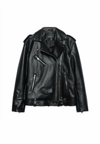 Czarna skórzana kurtka z zamykanymi kieszeniami, paskiem w talii, zatrzaskami i klapowym kołnierzem. Gładka tekstura z klasycznym designem.
