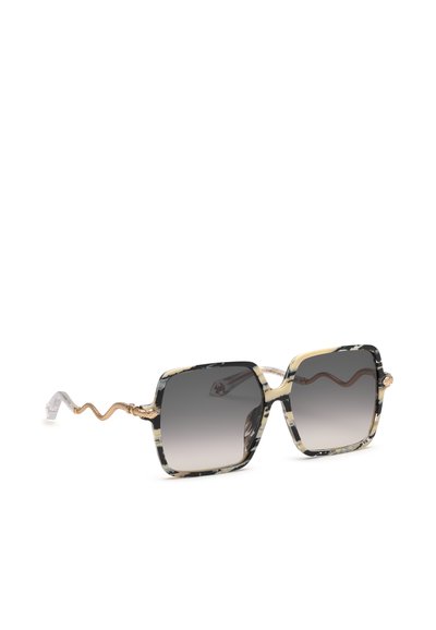 Lunettes de soleil carrées en écaille avec verres gris dégradés et branches décoratives dorées en forme de serpent.