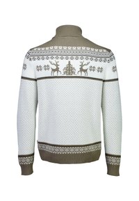 Weißer gestrickter Pullover mit hohem Kragen, verziert mit braunen Rentieren und Schneeflockenmuster, strukturiertem Gewebe sowie einem gerippten Saum und Ärmeln.