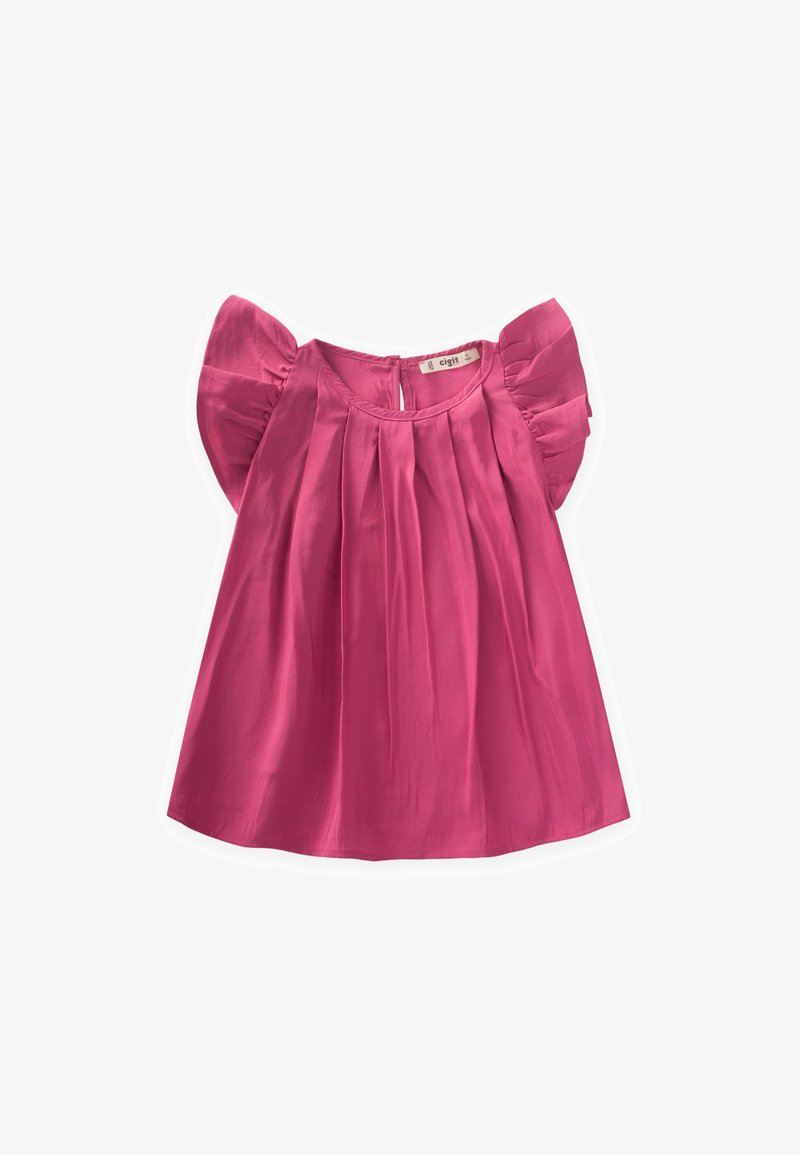 Ružičasta majica kratkih rukava s okruglim izrezom, plisirani materijal i napuhane rukave. Glatka tekstura, lagani materijal i zatvaranje s gumbom na leđima.