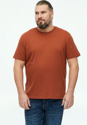 Mann mit Bart und zurückgebundenem Haar, trägt ein rostfarbenes kurzärmeliges T-Shirt und blaue Jeans, steht vor weißem Hintergrund.