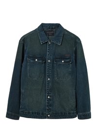 Tumma farkkutakki, jossa on kauluspääntie, kaksi rintataskua napinauhalla ja erottuva gradienttiväri.