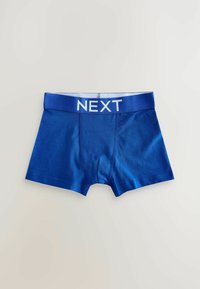 Boxer shorts bleus avec une texture lisse, dotés d'une large ceinture bleue portant l'inscription "NEXT" en blanc. Design minimaliste, taillé pour le confort.