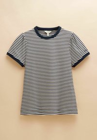 Navy and white striped t-shirt with a round neckline and short sleeves. Features contrasting navy trim on the collar and sleeves.