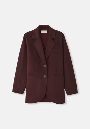 Bordeaux blazer gemaakt van een wolmix, met een notch revers, twee voorkruittassen, twee knopen en een rechte snit met een afgeronde zoom.