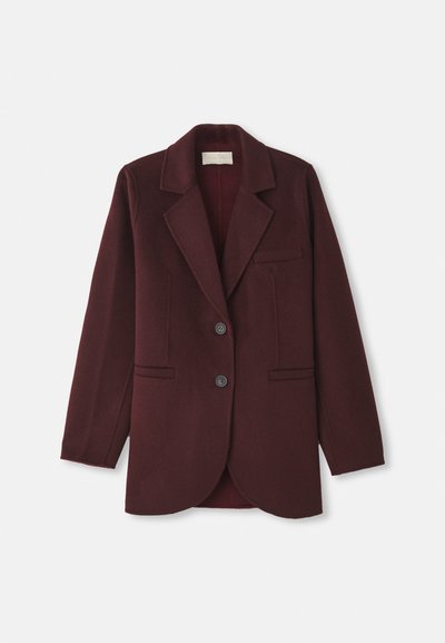 Burgundia bleiser villasegust, millel on nurgelised kraed, kaks esipocketit, kaks nuppu ja sirge lõige, millel on ümar äär.