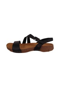 Black leather sandals with cork sole, featuring cross straps and a buckle. The footbed is natural-colored with detailed stitching.