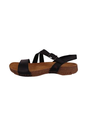 Black leather sandals with cork sole, featuring cross straps and a buckle. The footbed is natural-colored with detailed stitching.