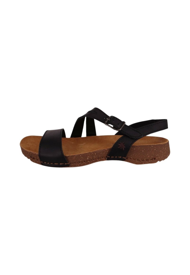Black leather sandals with cork sole, featuring cross straps and a buckle. The footbed is natural-colored with detailed stitching.