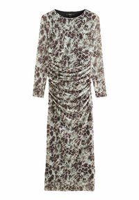 Rochie cu mânecă lungă, în imprimeu abstract de culoare brună și crem. Prezintă detalii plisate pe laturi și un gât rotund. Textură de țesătură fină.