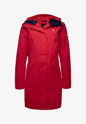 Cappotto rosso impermeabile con cappuccio, dotato di una fodera interna blu navy, chiusura frontale con zip e tasche laterali per riporre oggetti.