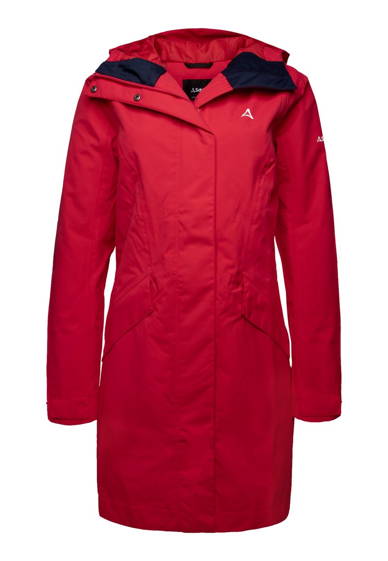Cappotto rosso impermeabile con cappuccio, dotato di una fodera interna blu navy, chiusura frontale con zip e tasche laterali per riporre oggetti.
