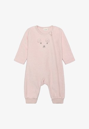Hellrosa Babystrampler aus weichem Fleece, mit langen Ärmeln, über Fuß gehend, einem Reißverschluss vorne und einer gestickten Bärengesicht-Verzierung.