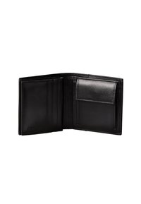 Zwarte leren portemonnee met meerdere kaartsleuven, een met rits afsluitbaar vak en een gladde textuur; heeft een merkaccent aan de buitenkant.