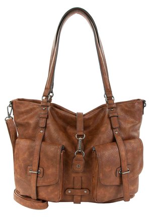 Brązowa torba na ramię ze skóry o fakturowanej powierzchni, dwie przednie kieszenie, regulowany pasek na ramię i dwa uchwyty. Metalowe elementy wykończeniowe.