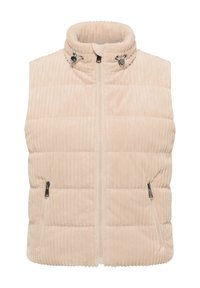 Chaleco acolchado beige con textura acanalada, cuello alto y cierre de cremallera. Cuenta con bolsillos laterales con detalles metálicos.