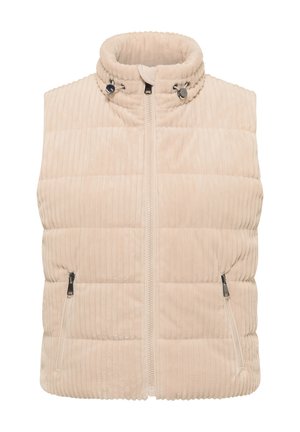 Beige gesteppte Weste mit gerippter Textur, hohem Kragen und Reißverschluss. Verfügt über Seitentaschen mit metallischen Hardware-Akzenten.