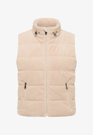 Beige gesteppte Weste mit gerippter Textur, hohem Kragen und Reißverschluss. Verfügt über Seitentaschen mit metallischen Hardware-Akzenten.