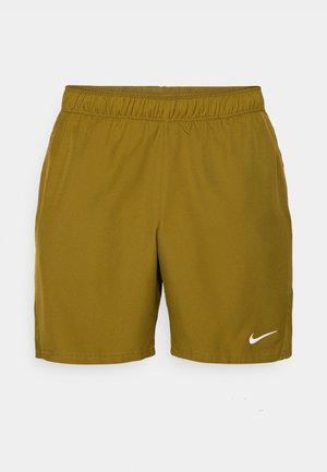 Olive green Nike shorts made of lightweight fabric. Features an elastic waistband and a white Nike logo on the lower left side.