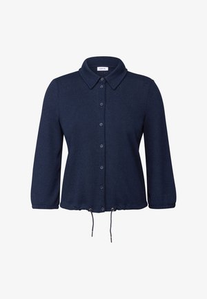 Marineblå knap-up skjorte med krave, lange ærmer og snor i taljen. Fremstillet af tekstureret stof med en let løs pasform.