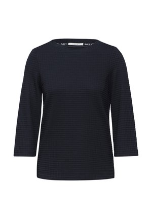 Top texture blu navy con maniche a tre quarti, caratterizzato da un motivo a griglia e scollatura rotonda. Realizzato in tessuto morbido.