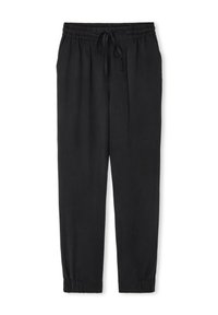 Zwarte, lichte broek met een elastische tailleband, verstelbaar trekkoord en taps toelopende boorden. Effen textuur; geen zichtbare patronen of accenten.