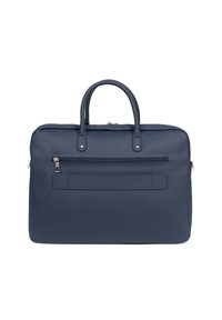 Marineblauwe laptoptas van gestructureerd materiaal, met dubbele bovenhandgrepen, een voorzak met rits en een soepele ritssluiting.