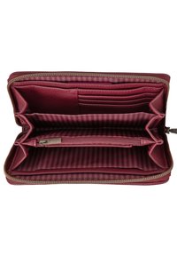 Maroon wallet made of textured leather with a zip closure, featuring multiple card slots, compartments, and a striped fabric lining.