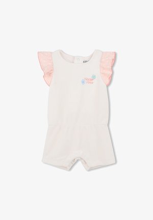 Witte katoenen romper met korte roze kanten ruffles mouwen. Bevat "Kenzo Paris" borduursel in kleurrijke bloemen aan de voorkant. Zachte textuur.
