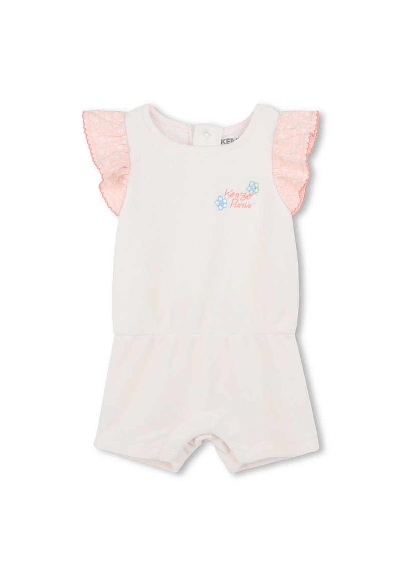 Rompere en coton blanc avec des manches courtes en dentelle rose à volants. Présente une broderie "Kenzo Paris" en fleurs colorées sur le devant. Texture douce.