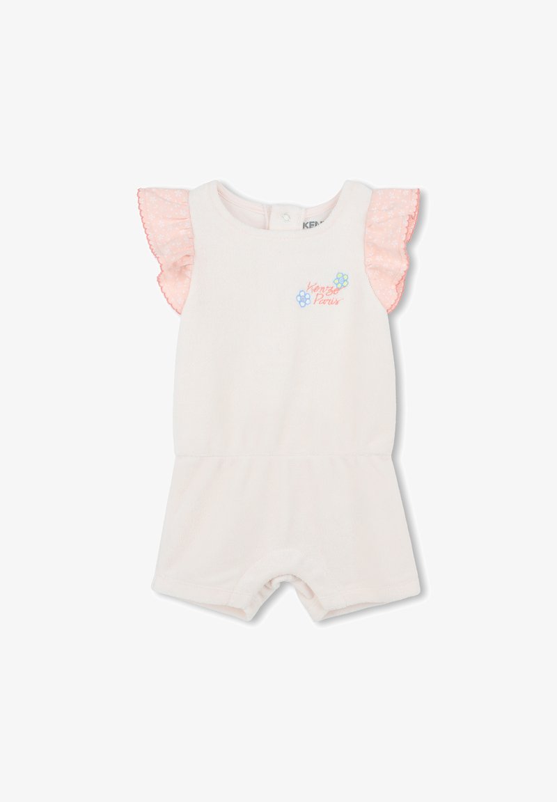 Rompere en coton blanc avec des manches courtes en dentelle rose à volants. Présente une broderie "Kenzo Paris" en fleurs colorées sur le devant. Texture douce.