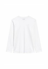 Biała koszulka z długim rękawem, wykonana z bawełny. Posiada dekolt typu crewneck oraz małe haftowane logo na lewej piersi. Gładka tekstura.