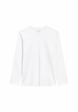 Biała koszulka z długim rękawem, wykonana z bawełny. Posiada dekolt typu crewneck oraz małe haftowane logo na lewej piersi. Gładka tekstura.