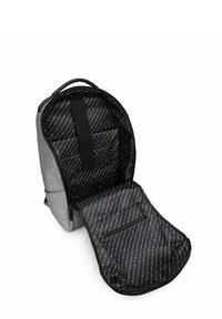 Šedý batoh s černým vzorovaným interiérem. Obsahuje polstrované přihrádky a kapsu na zip. Design umožňuje uspořádané uložení.