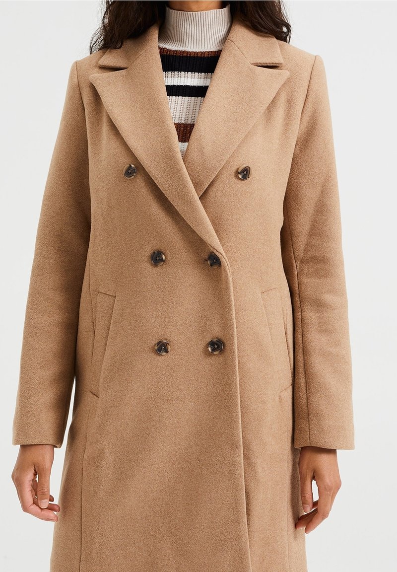 Camel wool-blend coat with a double-breasted front, notched lapels, two side pockets, and dark buttons. Smooth texture and tailored fit.