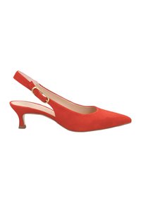 Red suede slingback pump with a pointed toe, a small, chunky heel, and a gold buckle accent on the strap. Smooth texture, sleek design.