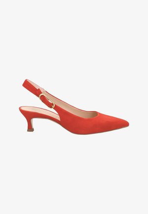 Red suede slingback pump with a pointed toe, a small, chunky heel, and a gold buckle accent on the strap. Smooth texture, sleek design.