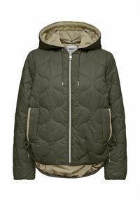 Olivzaļš dūraiņveida jaka ar kapuci, ar bēšu oderi, priekšējo rāvējslēdzēju un divām sānu kabatām ar aukliņām.