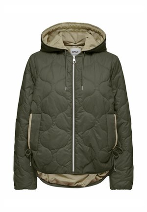 Olivově zelená prošívaná bunda s kapucí, béžovou podšívkou, předním zipem a dvěma bočními kapsami se stahovacími šňůrkami.