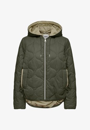 Õlivihroline tikitud jope kapuutsiga, millel on beež vooder, esiosa tõmblukk ja kaks küljetaskut kinnituspaeltega.