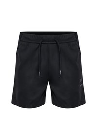 Zwarte sportshorts van lichtgewicht stof, met een elastische tailleband met trekkoord, zijzakken en een klein logo op de voorkant.