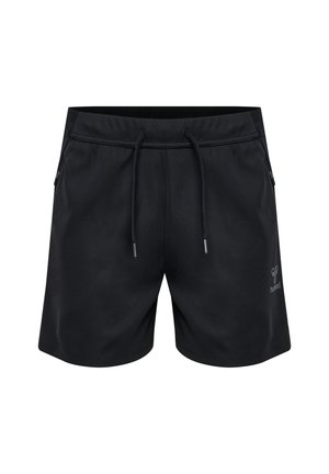 Zwarte sportshorts van lichtgewicht stof, met een elastische tailleband met trekkoord, zijzakken en een klein logo op de voorkant.