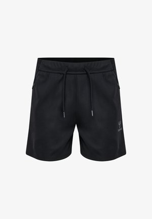 Czarne sportowe szorty wykonane z lekkiego materiału, posiadające elastyczny pas z sznurkiem, boczne kieszenie oraz małe logo z przodu.