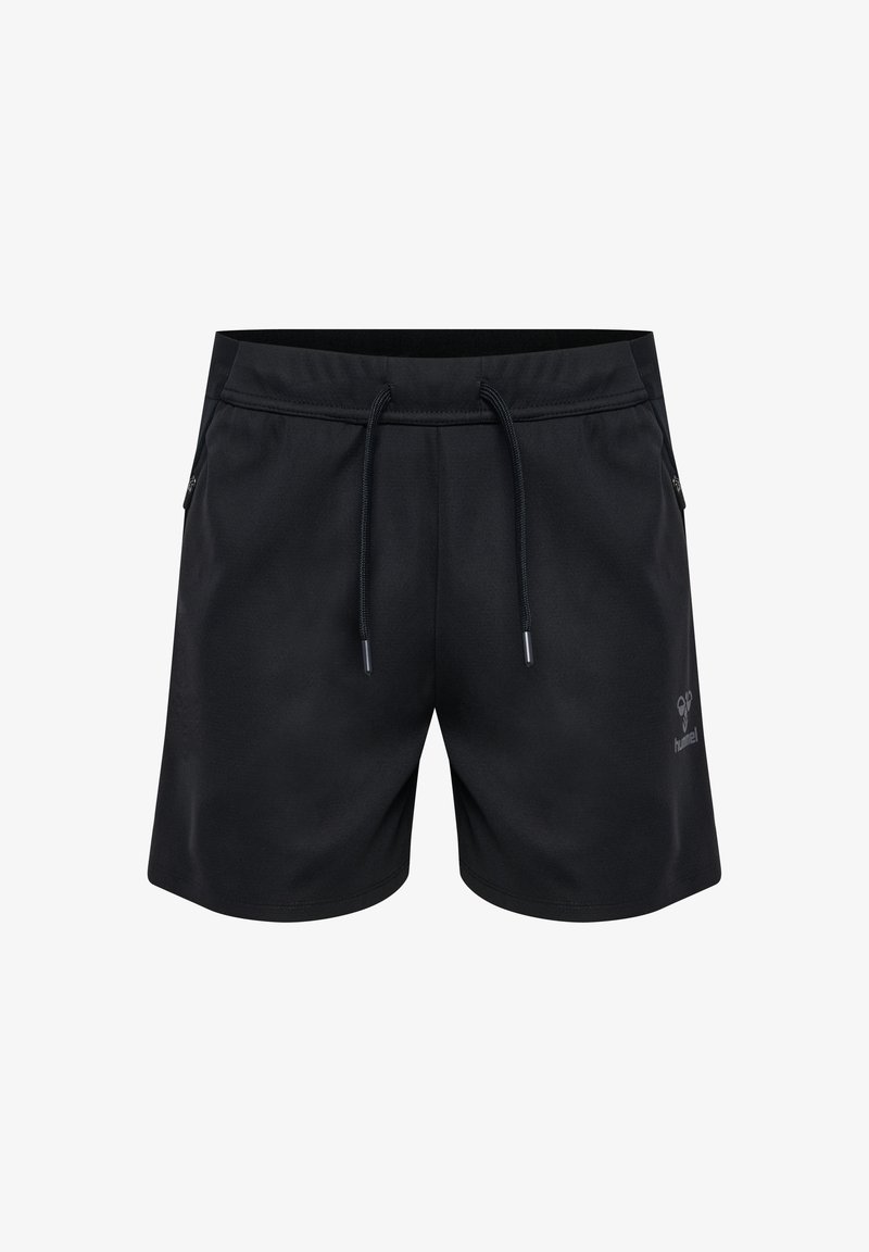 Pantalones cortos deportivos negros hechos de tela ligera, con una cintura elástica con cordón, bolsillos laterales y un pequeño logo en la parte frontal.