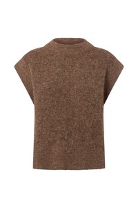 Brązowy sweter dzianinowy z wysokim kołnierzem i krótkimi rękawami. Wykonany z miękkiego, teksturowanego materiału, z luźnym krojem i jednolitym kolorem.